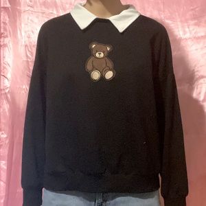 Y2K Preppy Black Collard Teddy Bear Sweater
